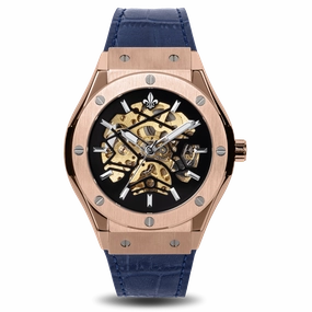 Prague Skeleton Automatic Deluxe - Rose Gold   Blue Leather Strap Long-Lasting Durability
