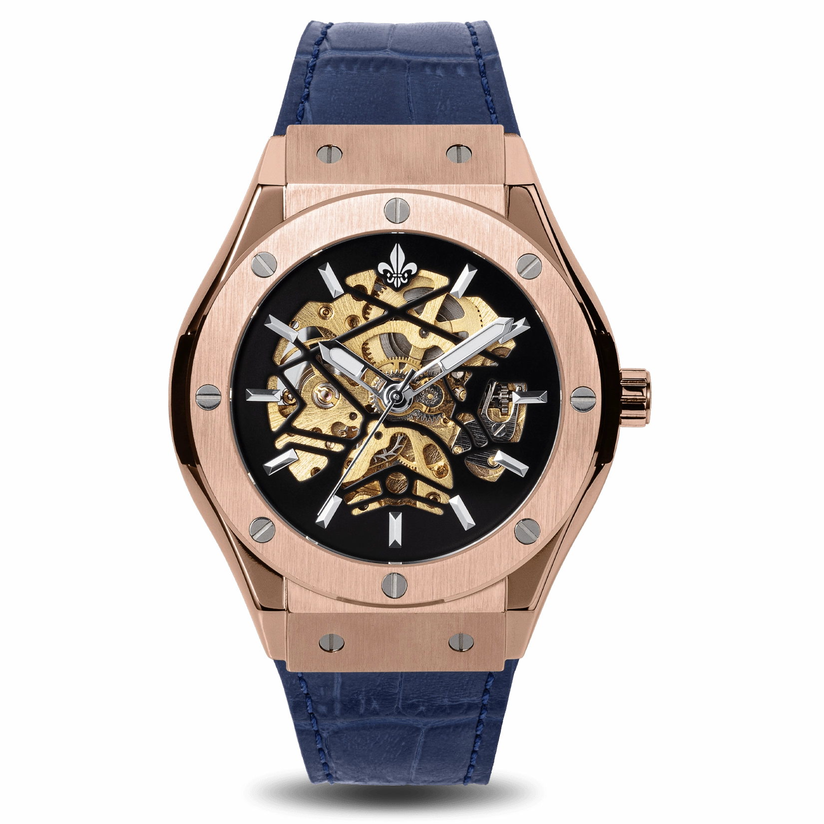 Prague Skeleton Automatic Deluxe - Rose Gold   Blue Leather Strap Classic Timepiece Versatile Watch