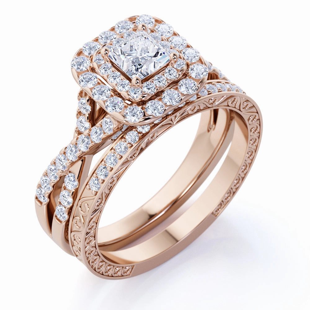 Soft Movement 1.25 ct - Square Moissanite - Double Halo - Twisted Band - Vintage Inspired - Pave - Wedding Ring Set in 18K Rose Gold over Silver