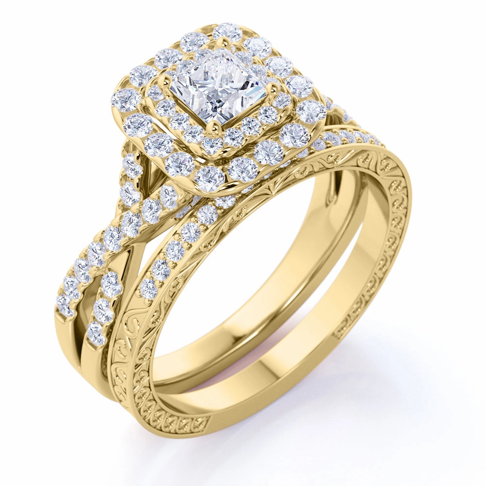 1.25 ct - Square Moissanite - Double Halo - Twisted Band - Vintage Inspired - Pave - Wedding Ring Set in 18K Rose Gold over Silver Brilliant Work Timeless Treasure