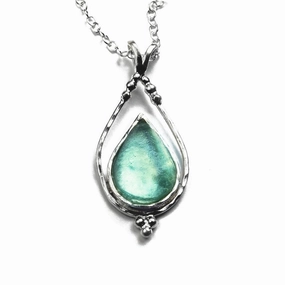 Stunning Ornament Ancient Roman Glass Necklace with Teardrop Shape Sterling Silver