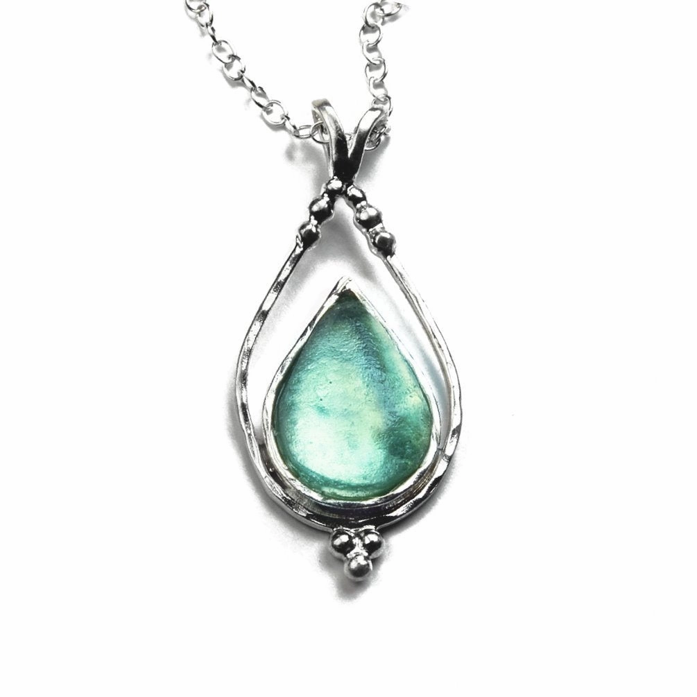 Stunning Ornament Ancient Roman Glass Necklace with Teardrop Shape Sterling Silver