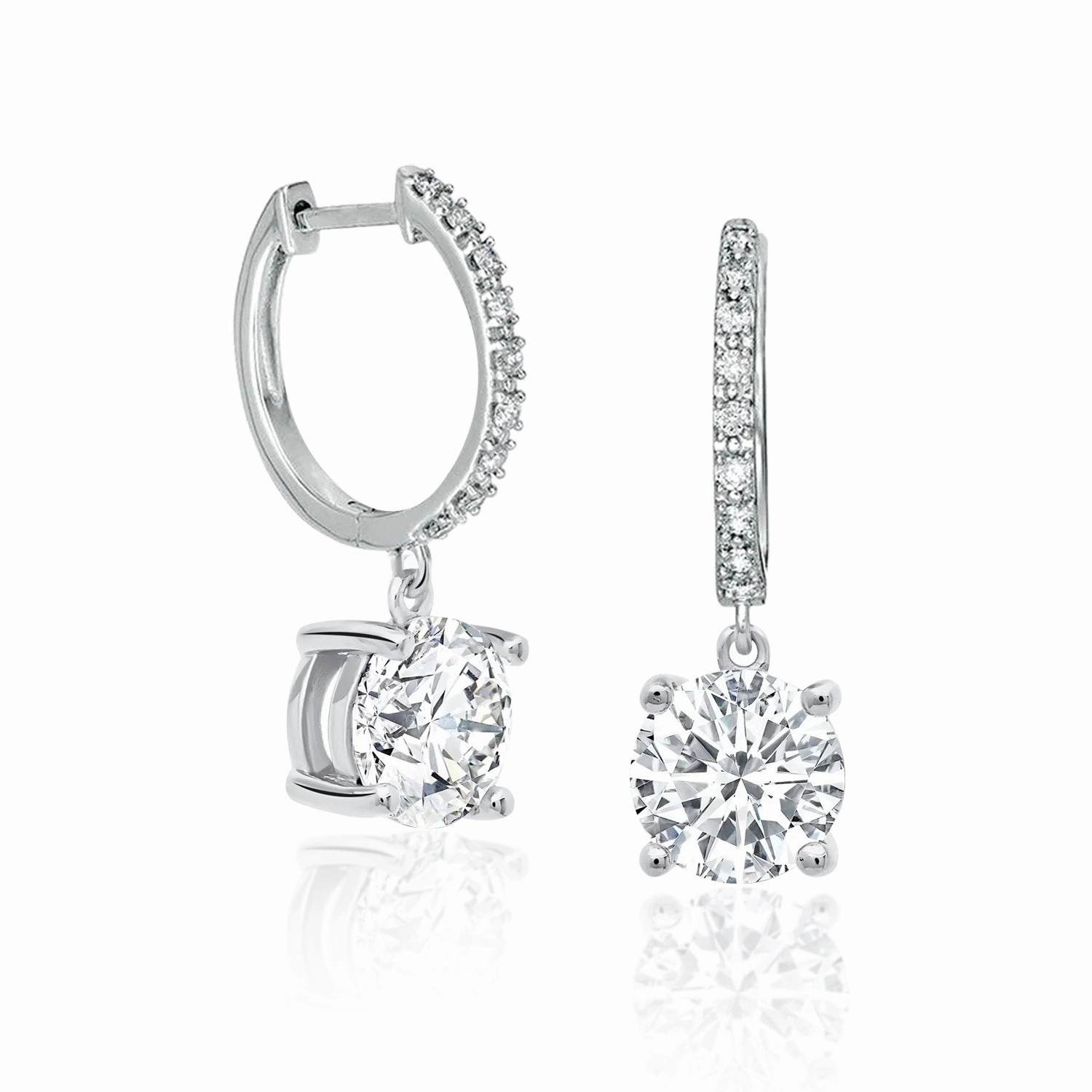 Everyday Item 2 Carat Round Cut Moissanite Hoop Earrings Pave Set with Charm in 18K White Gold over Silver