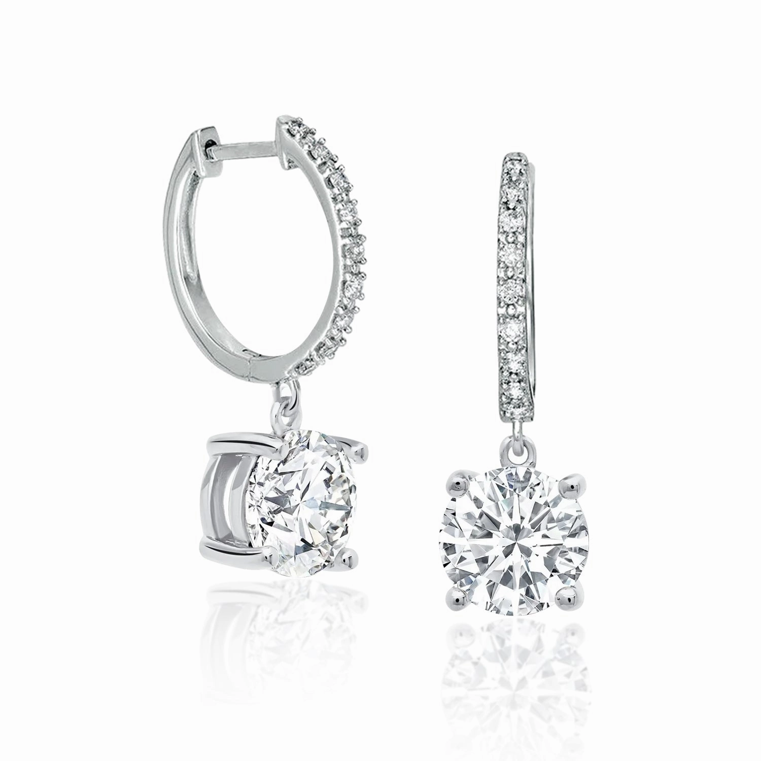 2 Carat Round Cut Moissanite Hoop Earrings Pave Set with Charm in 18K White Gold over Silver Modern Style