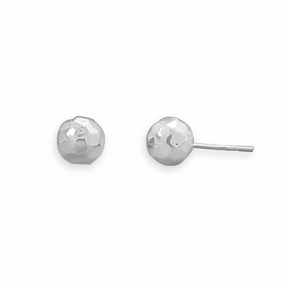 Ball Post Stud Earrings Polished Hammered Sterling Silver - 8mm Lustrous Accent