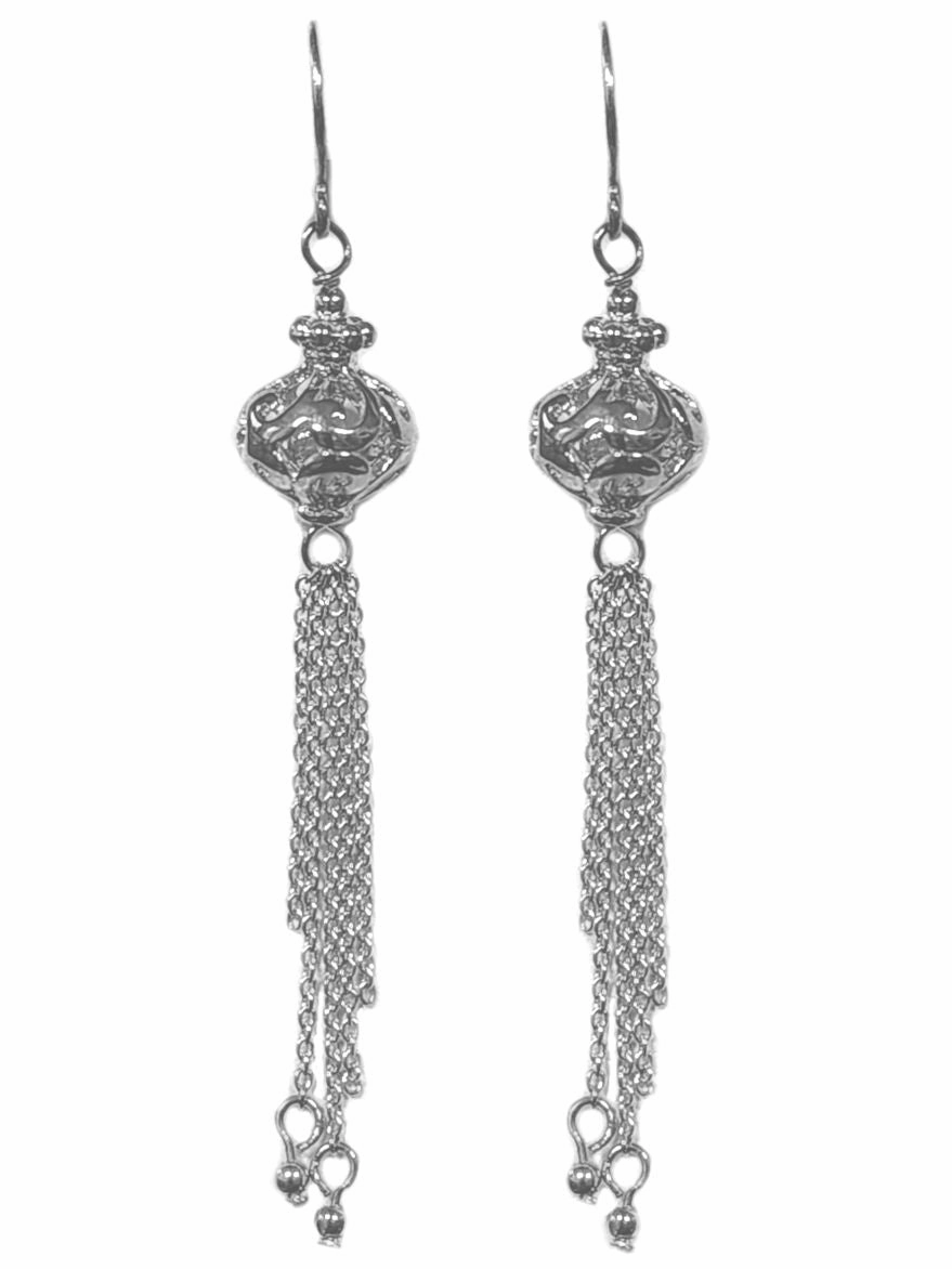 Tassel Dangle Earrings with Filigree Ball Sterling Silver Glittering Adornment