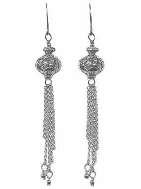 Tassel Dangle Earrings with Filigree Ball Sterling Silver Glittering Adornment