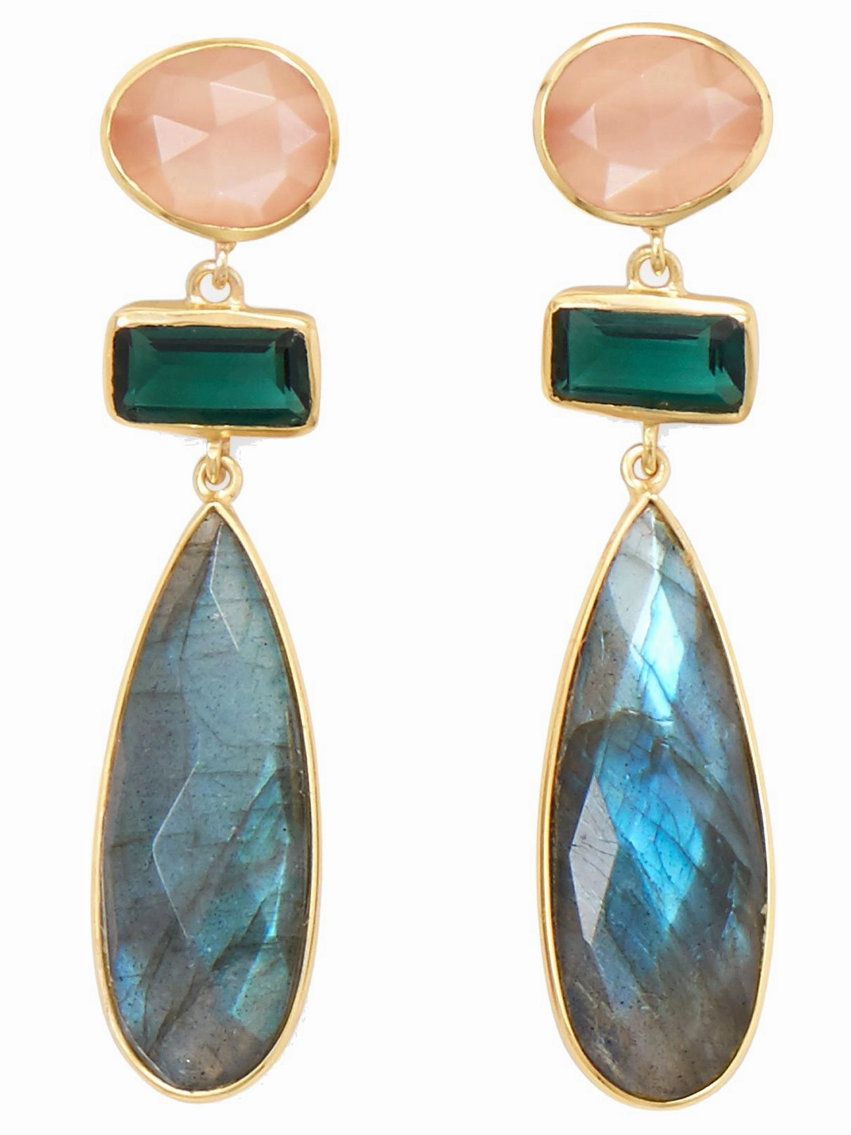 Labradorite Peach Moonstone Green Glass Earrings Gold-plated Sterling Silver Lightweight Piece Shiny Accent