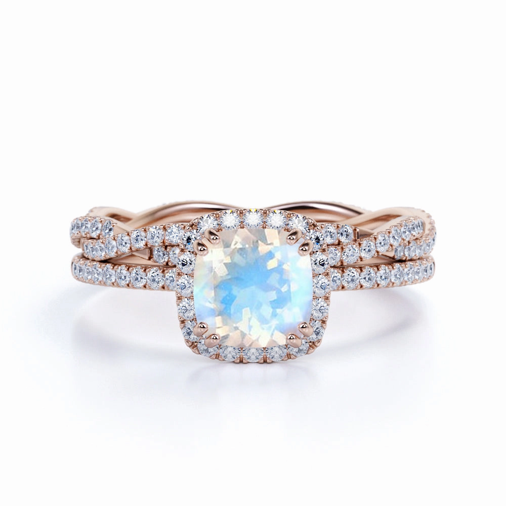 Halo 1.75 ct Cushion Blue Moonstone Bridal Set Travel Present Elegant Object
