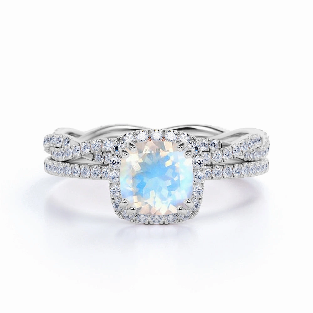 fashion lover Comfort Fit Halo 1.75 ct Cushion Blue Moonstone Bridal Set