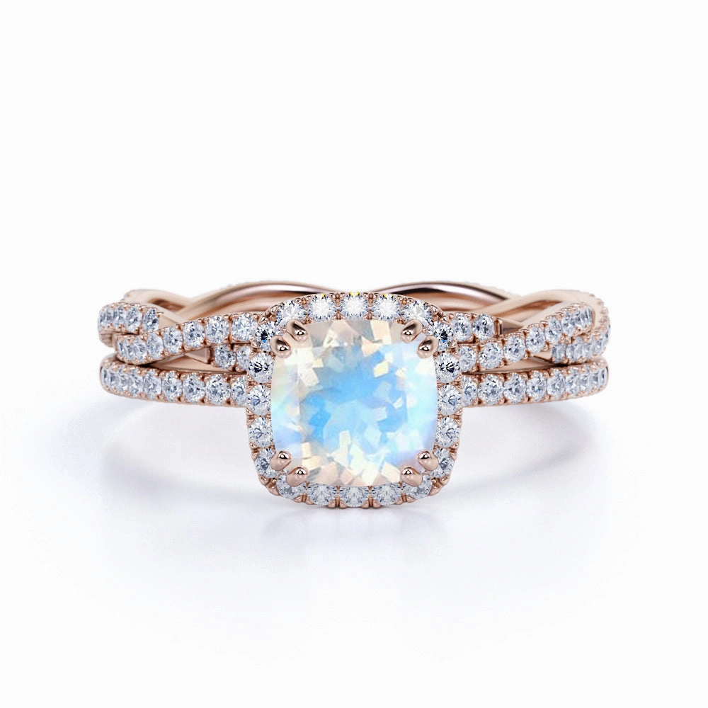 Halo 1.75 ct Cushion Blue Moonstone Bridal Set Soft Finish Look High-Quality Design