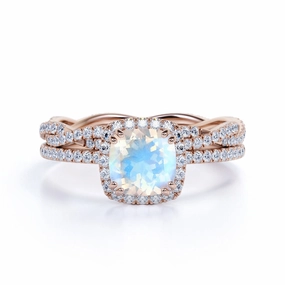 Halo 1.75 ct Cushion Blue Moonstone Bridal Set Travel Present Elegant Object