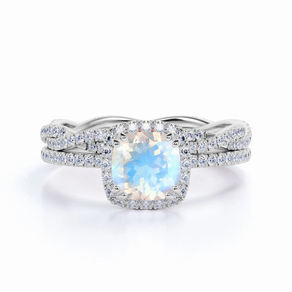 Polished Accessory Designer Decoration Halo 1.75 ct Cushion Blue Moonstone Bridal Set