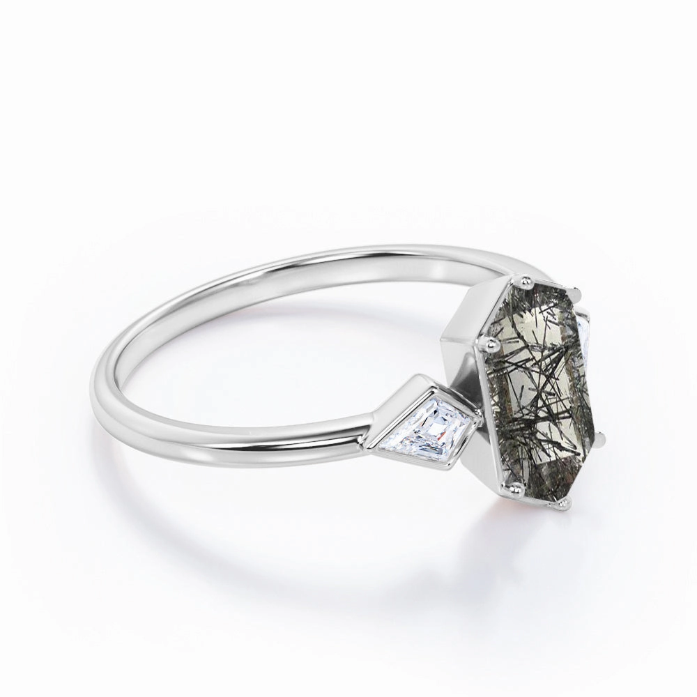 Sentimental Ornament 1.20 ct Hexagon Black Rutilated Quartz Three Stone Engagement Ring