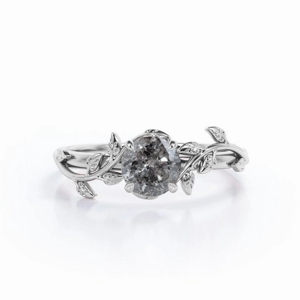0.5 Carat Leaf Design Round Shape Salt And Pepper Diamond Vintage Nature-Inspired Engagement ring In 18K White Gold Plating Over Silver Premium Care Stylish Article