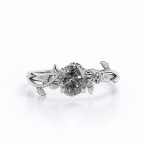 0.5 Carat Leaf Design Round Shape Salt And Pepper Diamond Vintage Nature-Inspired Engagement ring In 18K White Gold Plating Over Silver Premium Care Stylish Article