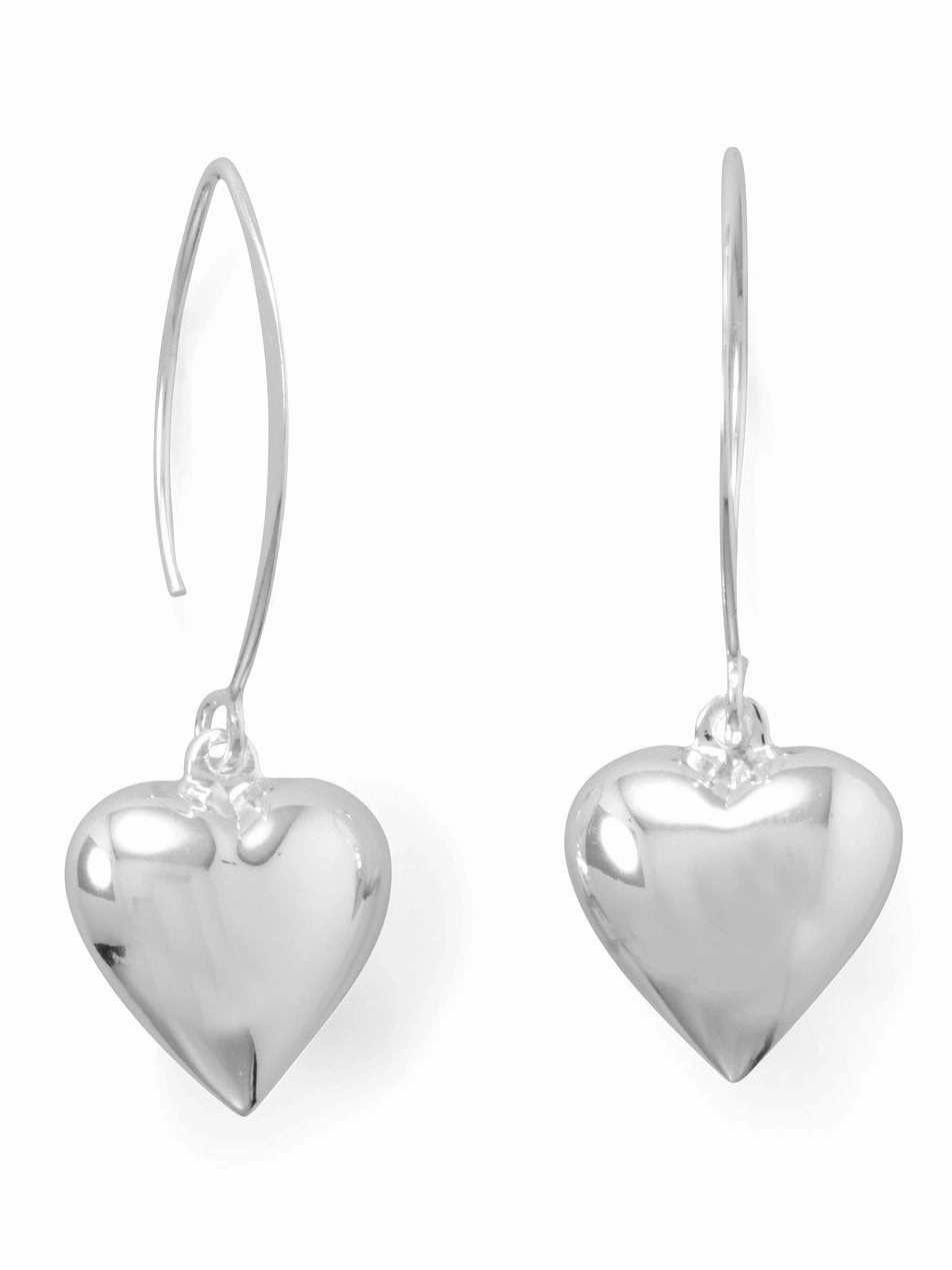 Delicate Product Puffy Polished Heart Dangle Earrings with Marquise Wire Sterling Silver