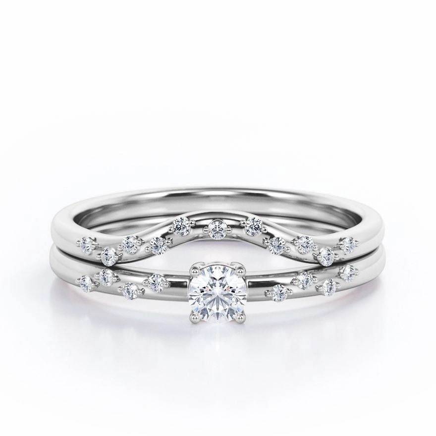 2-Prong Flush - 0.4 TCW Round Brilliant Cut Diamond - Curved Minimalist Wedding Ring Set in White Gold Straight Edge Casual Contour