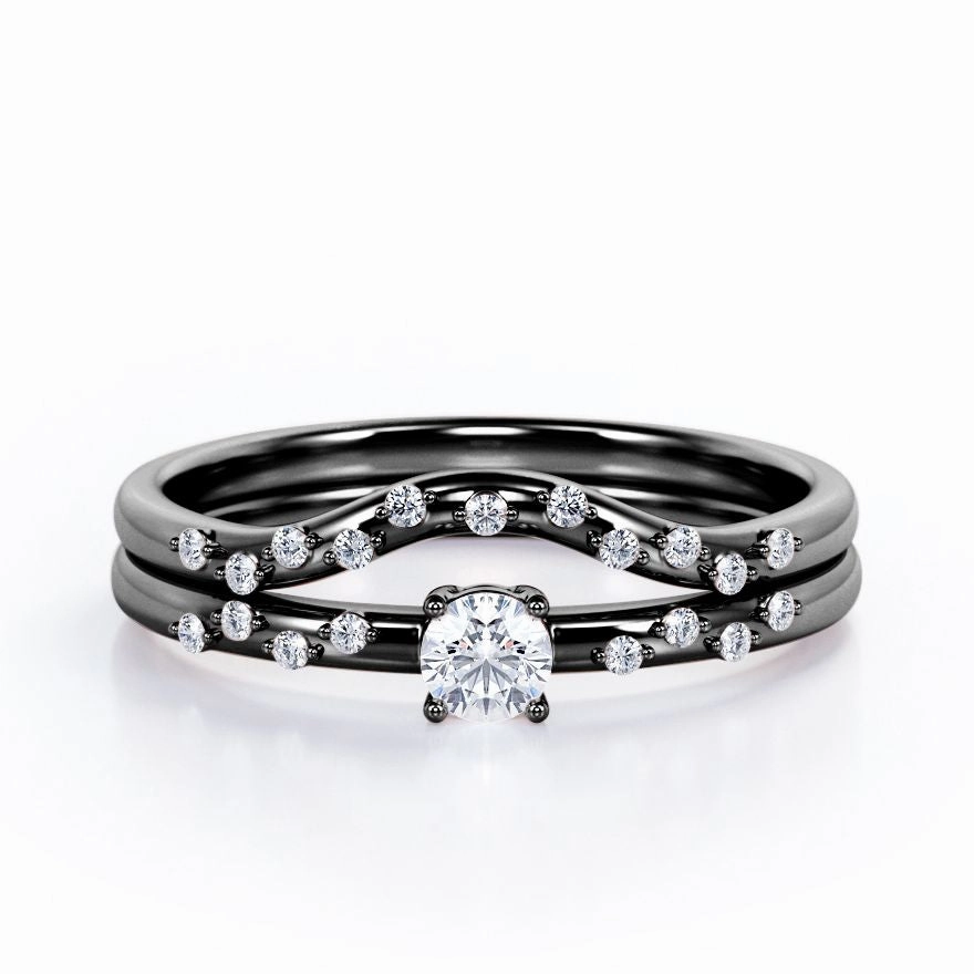 2-Prong Flush - 0.4 TCW Round Brilliant Cut Diamond - Curved Minimalist Wedding Ring Set in White Gold Durable Appearance