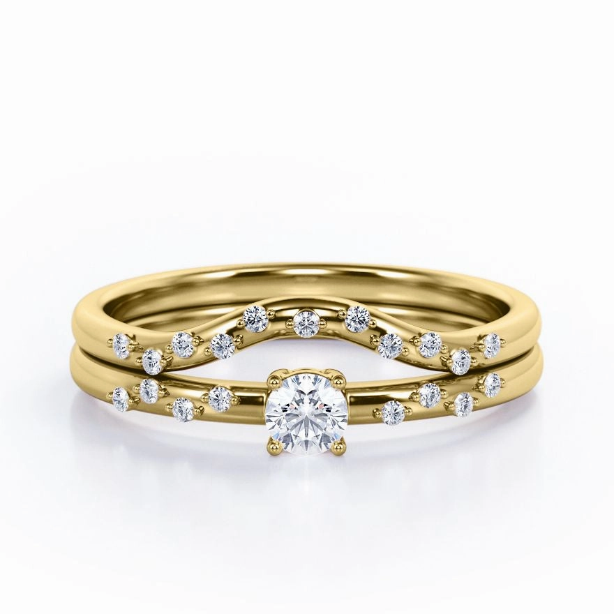 Glamorous Craft Signature Present 2-Prong Flush - 0.4 TCW Round Brilliant Cut Diamond - Curved Minimalist Wedding Ring Set in White Gold