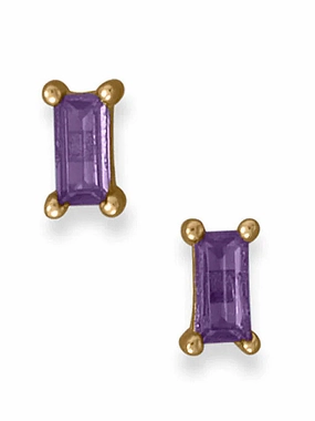 Purple Baguette Cubic Zirconia Stud Earrings Gold-Plated Silver Magnificent Jewelry