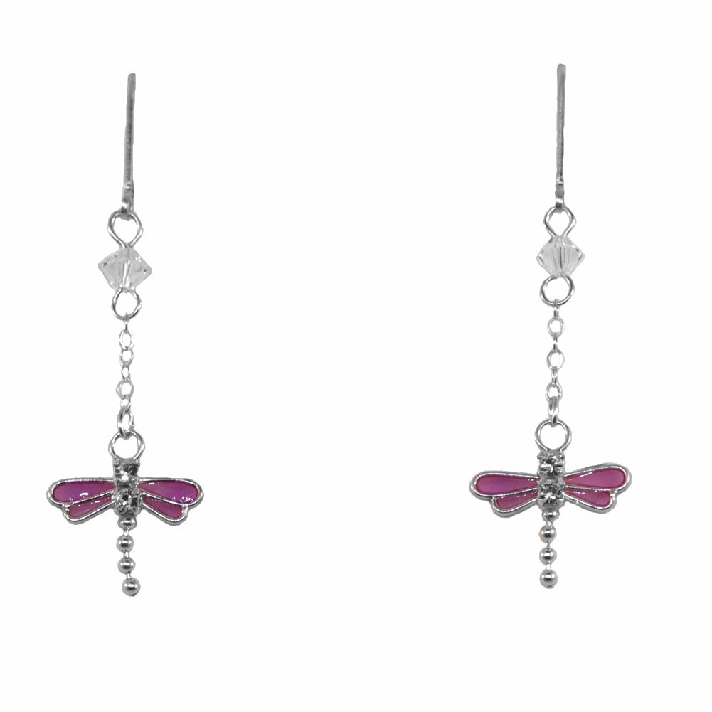 Stylish Appearance Purple Dragonfly Dangle Earrings made with Crystals