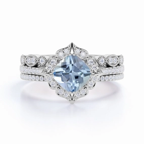 Everyday Accessory Art Deco 2 ct Cushion Aquamarine Trio Bridal Ring Set