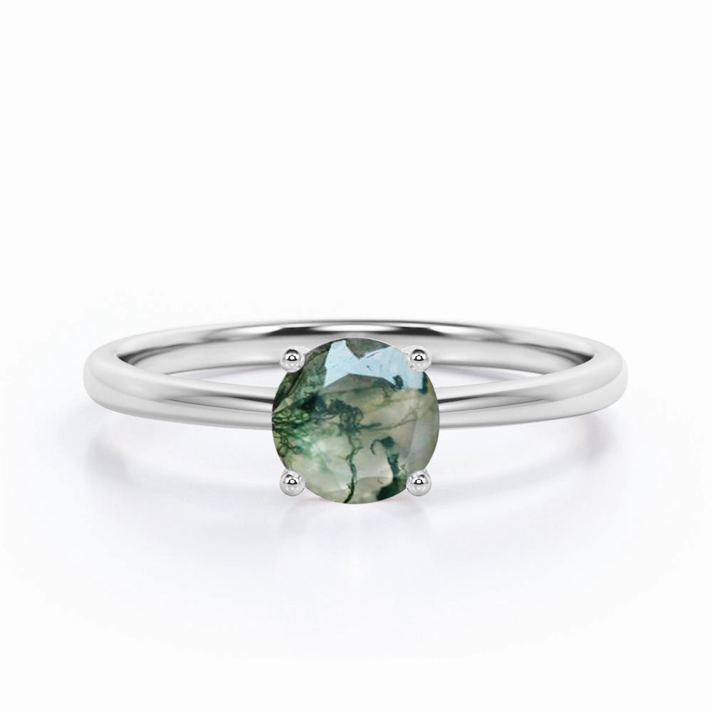 Solitaire 1.5 Carat Round Cut Moss Agate Engagement Ring Easy Care Contemporary Craft