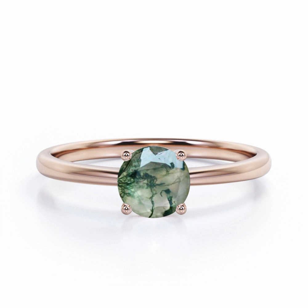 Value Statement Solitaire 1.5 Carat Round Cut Moss Agate Engagement Ring