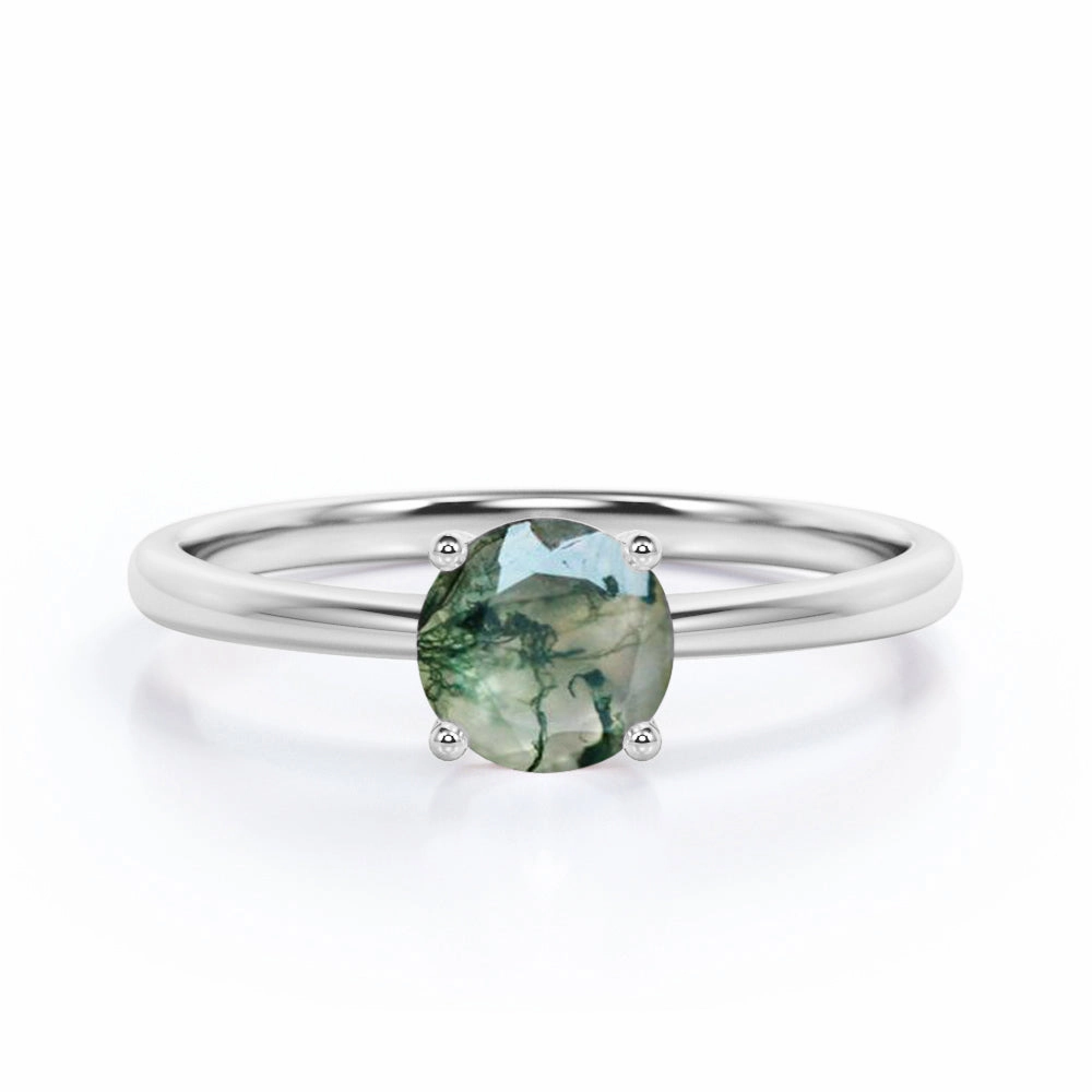 Solitaire 1.5 Carat Round Cut Moss Agate Engagement Ring Minimal accessory