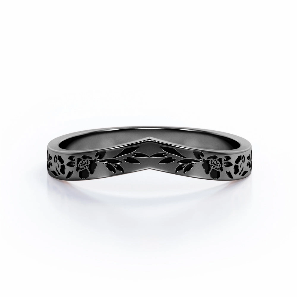Romantic Feel Floral Filigree - Chevron Curved Plain Wedding Ring Band