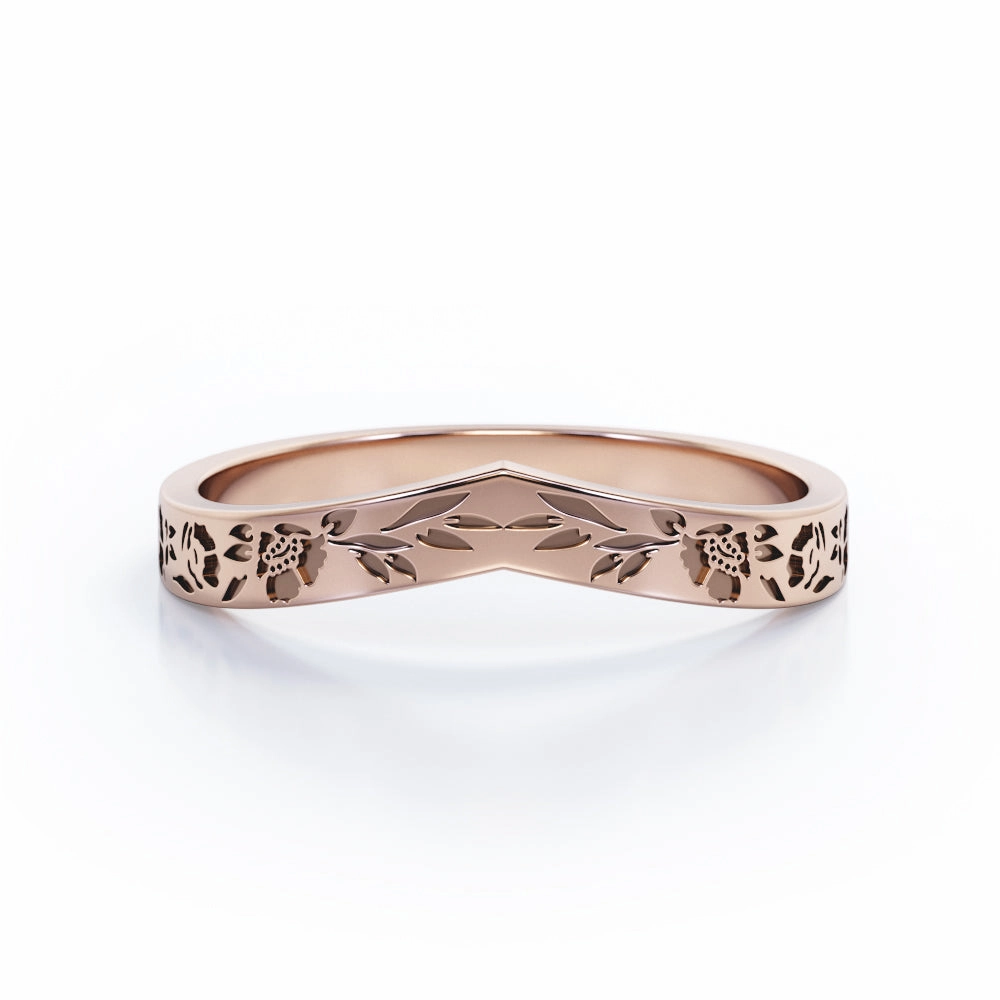 Floral Filigree - Chevron Curved Plain Wedding Ring Band Artisan Statement