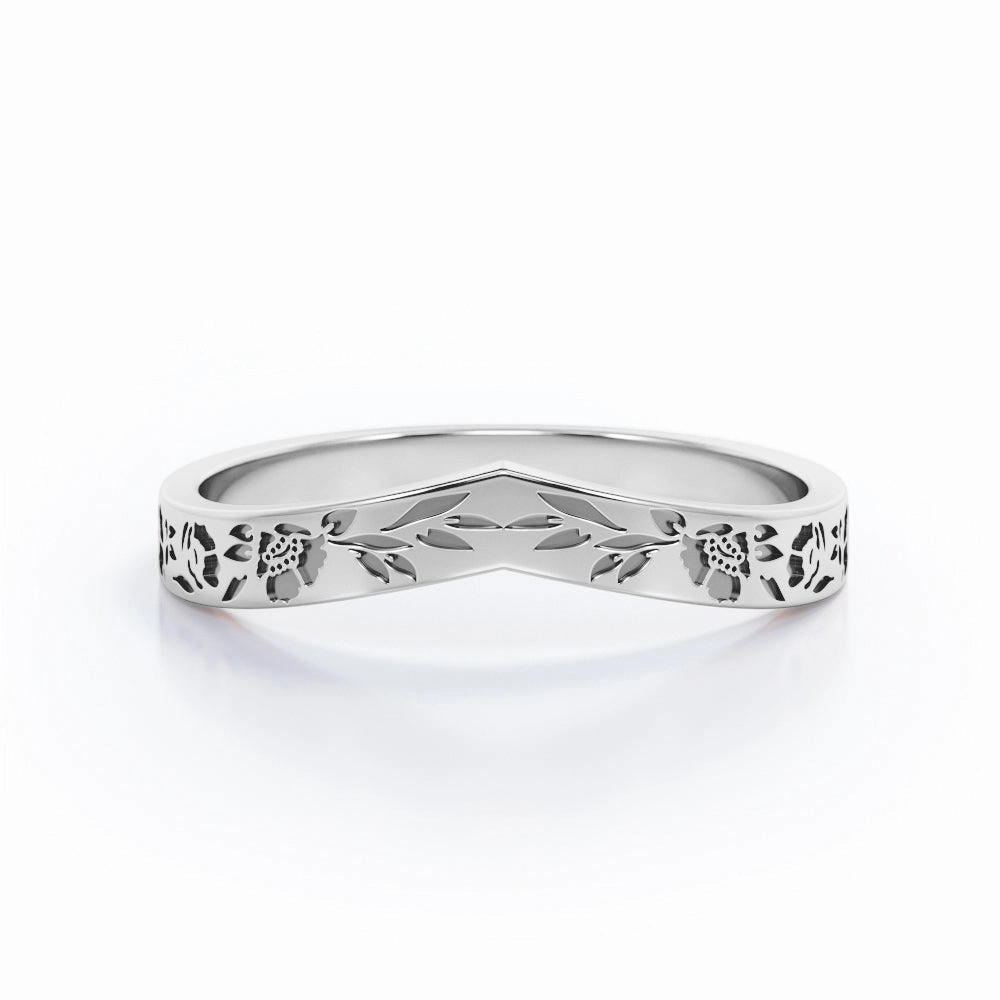 Floral Filigree - Chevron Curved Plain Wedding Ring Band Timeless Grace