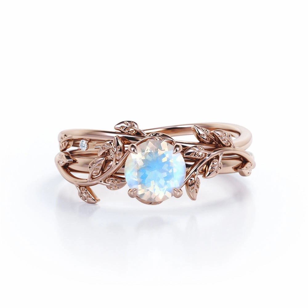 0.5 ct Round Blue Moonstone Leaf Style Wedding Set All Occasions Hypoallergenic Accessory