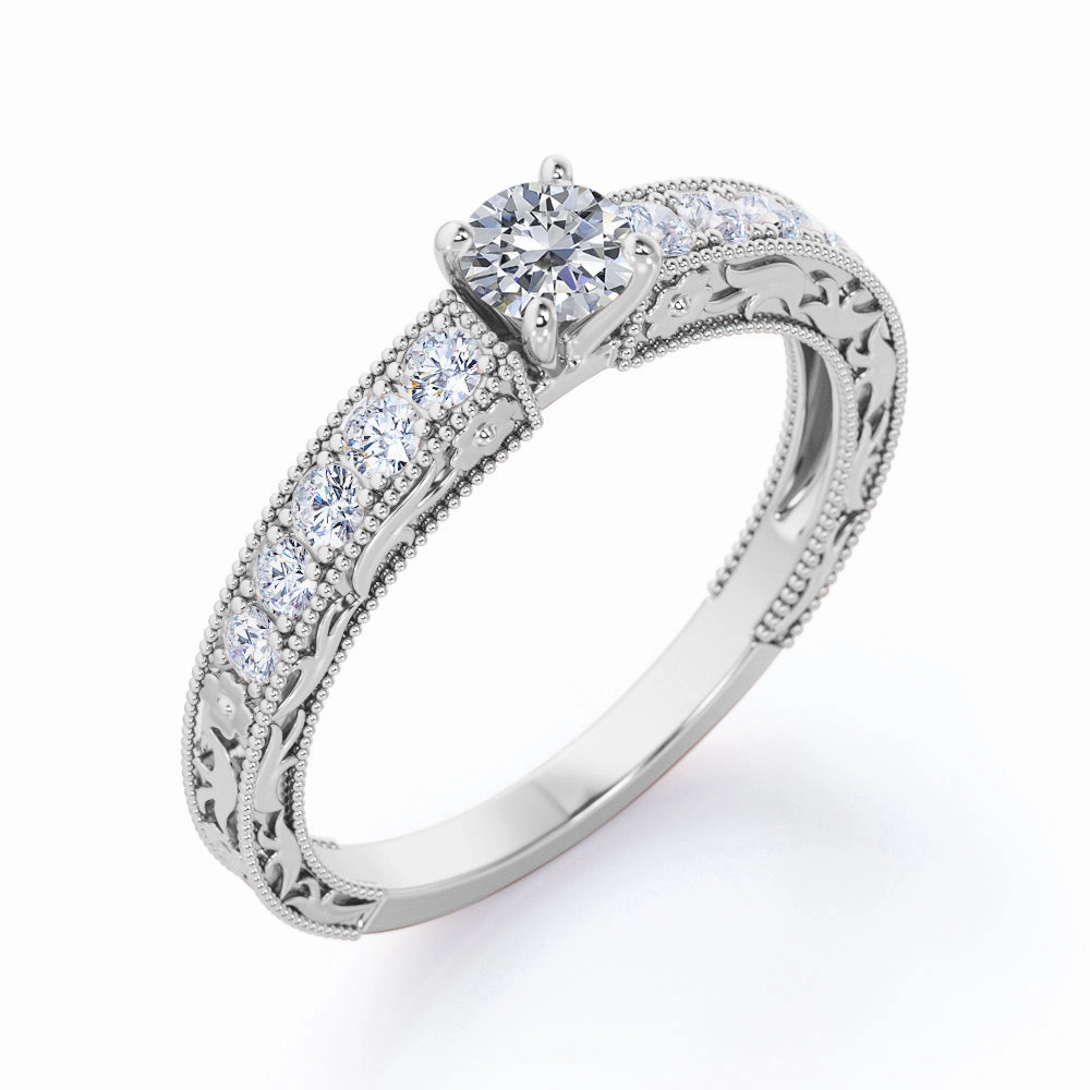 Radiant 0.83 ct TDW Round Diamond and Antique Art Deco Engagement Ring in Rose Gold Robust Look Ornate Sign