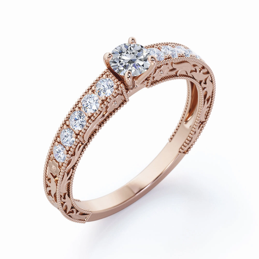 Radiant 0.83 ct TDW Round Diamond and Antique Art Deco Engagement Ring in Rose Gold Unique Craft Romantic Present