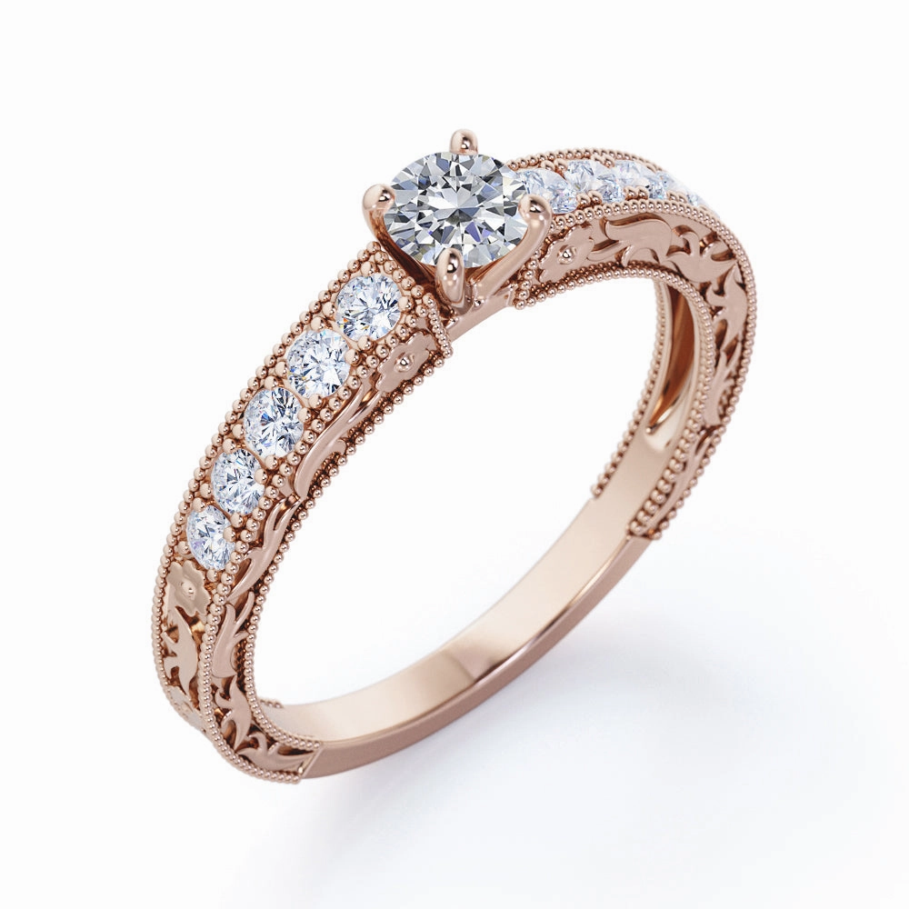 Radiant 0.83 ct TDW Round Diamond and Antique Art Deco Engagement Ring in Rose Gold Timeless Item Sturdy Article