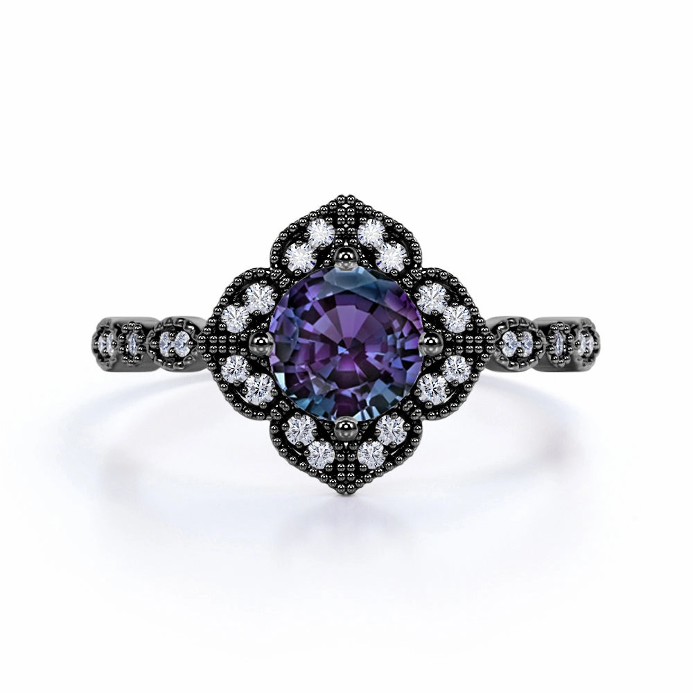 1.25 Ct Round Lab Alexandrite Milgrain Engagement Ring Economical Piece Quality Product