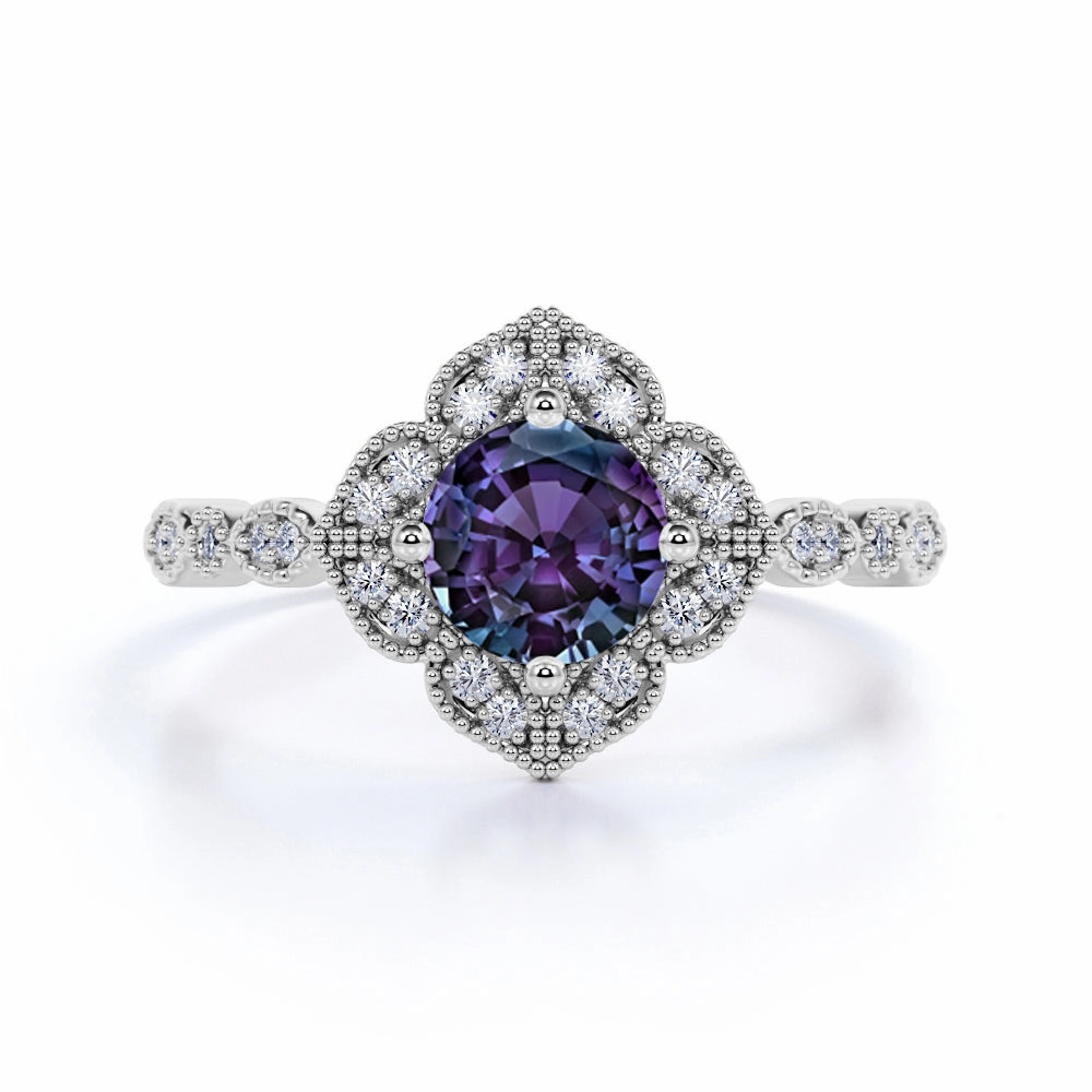 1.25 Ct Round Lab Alexandrite Milgrain Engagement Ring Durable Adornment