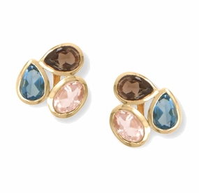 Safe Style Daily Jewelry Three Stone Smoky Quartz and Glass Stud Earrings Gold-plated Silver