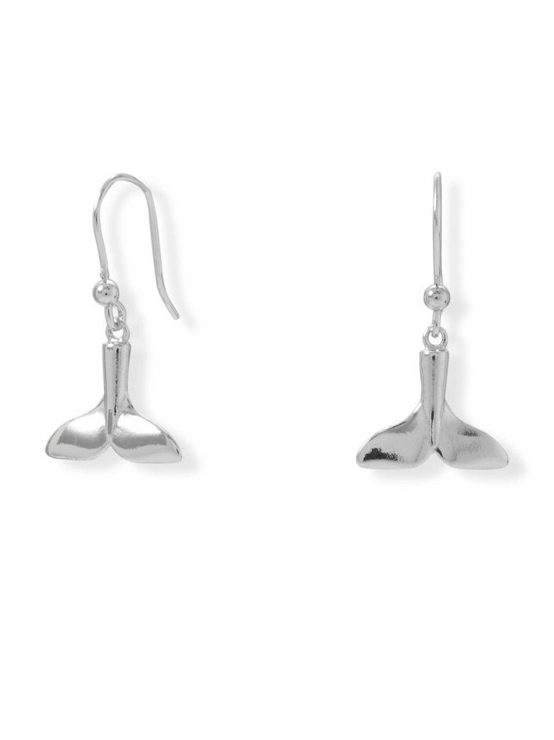 Small Decoration Lustrous Accent Whale Tail Dangle Earrings Rhodium on Sterling Silver