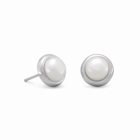 White Cultured Freshwater Pearl Button Post Stud Earrings Sterling Silver Glittery Jewelry