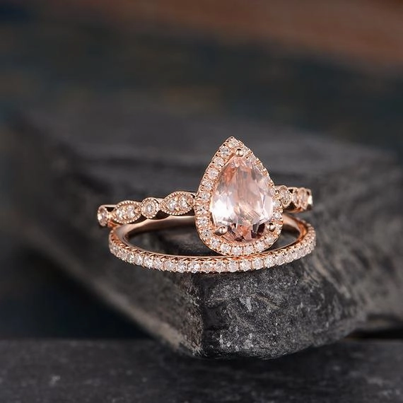Creative Symbol Vintage 1.75 ct Pear Morganite Pave Wedding Ring Set