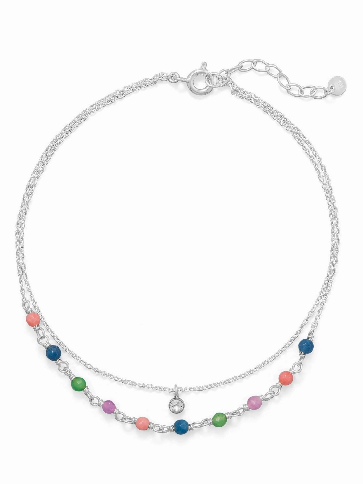 Harmonious Composition Luxury Trend Rainbow Color Jade and Crystal Anklet Ankle Bracelet Adjustable Sterling Silver