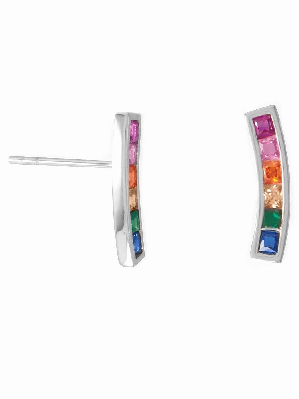 Glossy Trinket Rainbow Colors Drop Stud Earrings Cubic Zirconia Rhodium on Sterling Silver