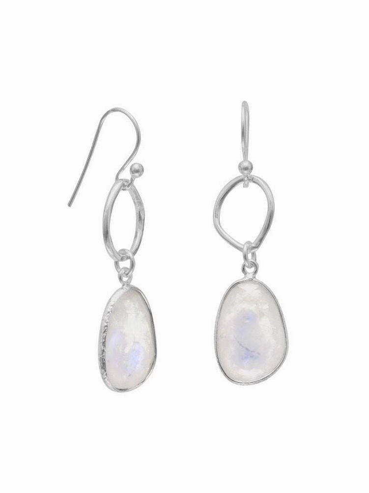 Rainbow Moonstone Earrings Freeform Shape and Circle Dangle Drop Sterling Silver Attractive Decoration