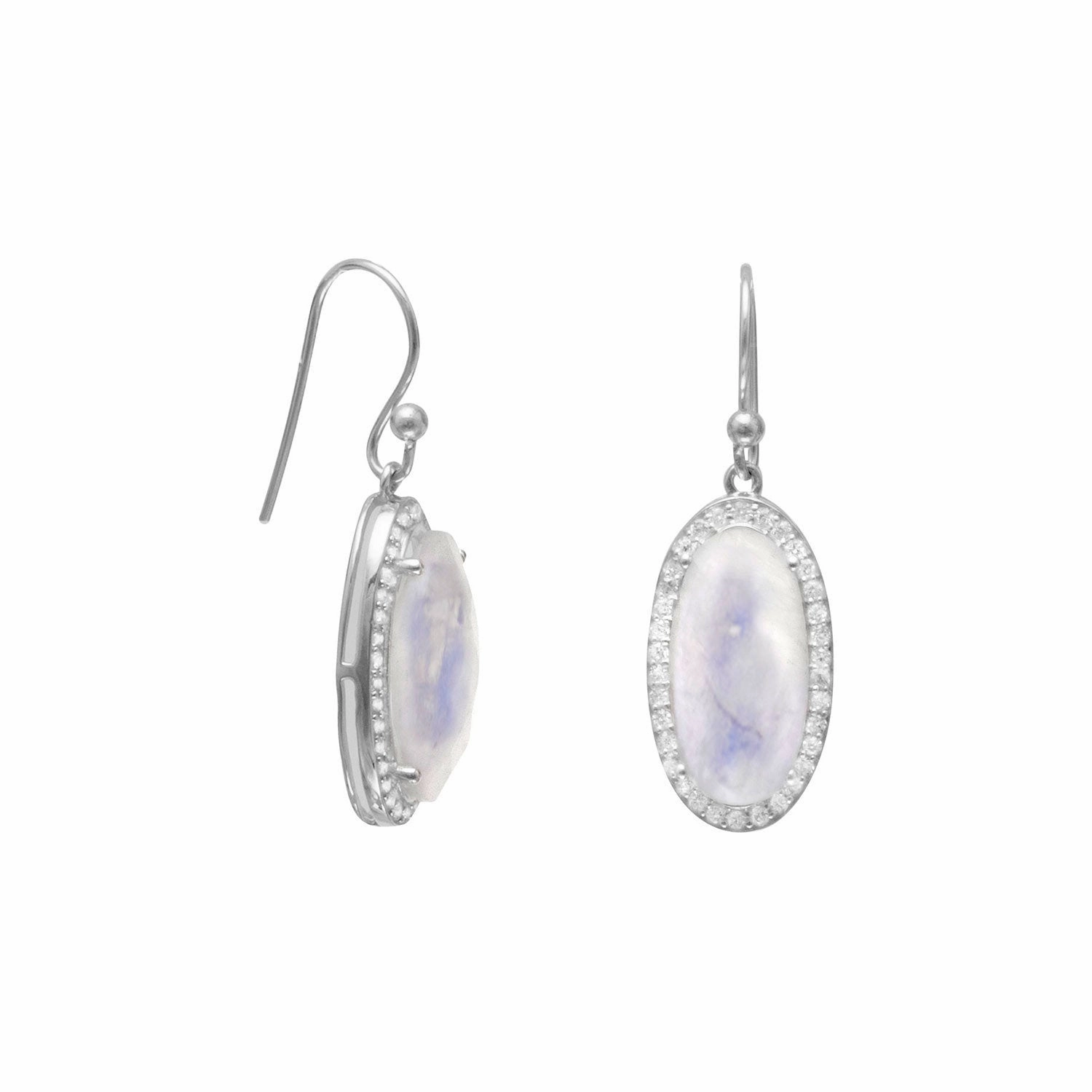 Rainbow Moonstone Earrings Oval with Cubic Zirconia Halo Dangle Sterling Silver Delicate Embellishment