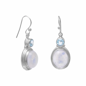 Rainbow Moonstone Earrings with Blue Topaz Sterling Silver Dangle Formal Adornment