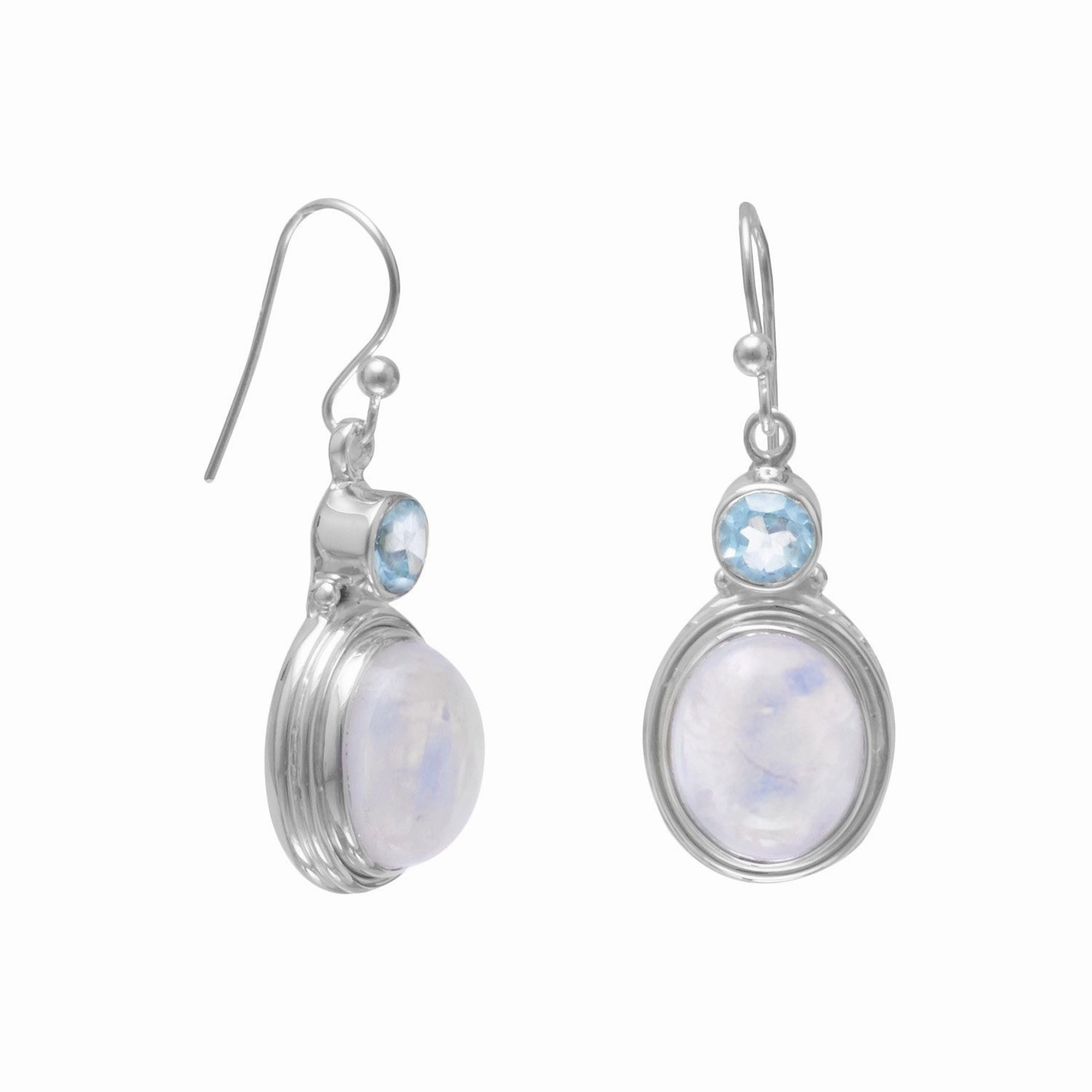 Rainbow Moonstone Earrings with Blue Topaz Sterling Silver Dangle Formal Adornment