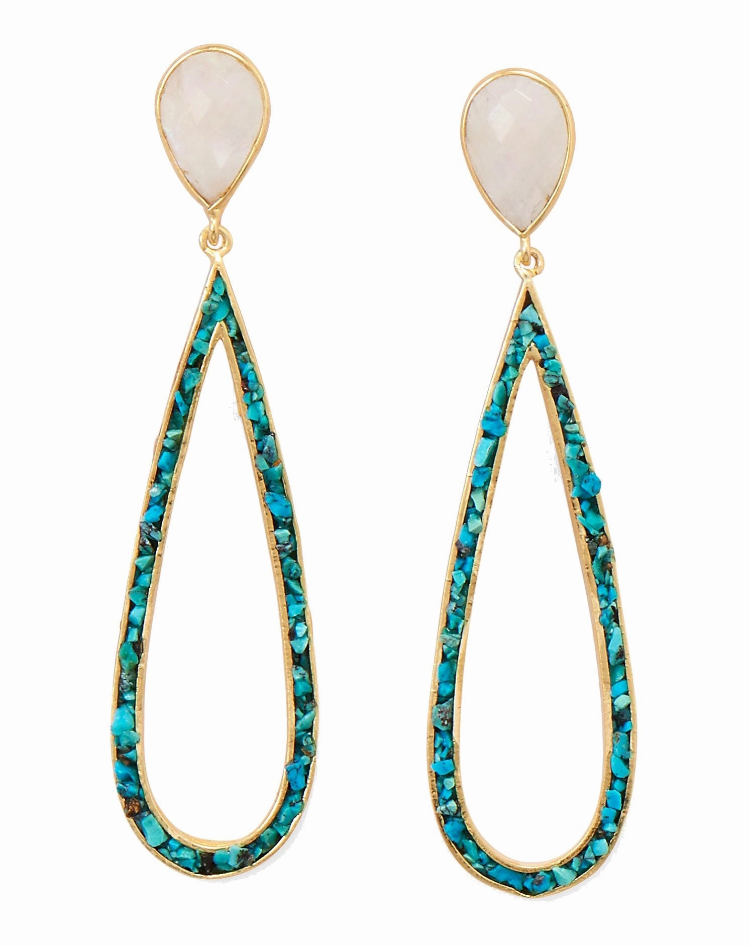 Triangular Embellishment Rainbow Moonstone Turquoise Chip Teardrop Earrings Gold-plated Sterling Silver